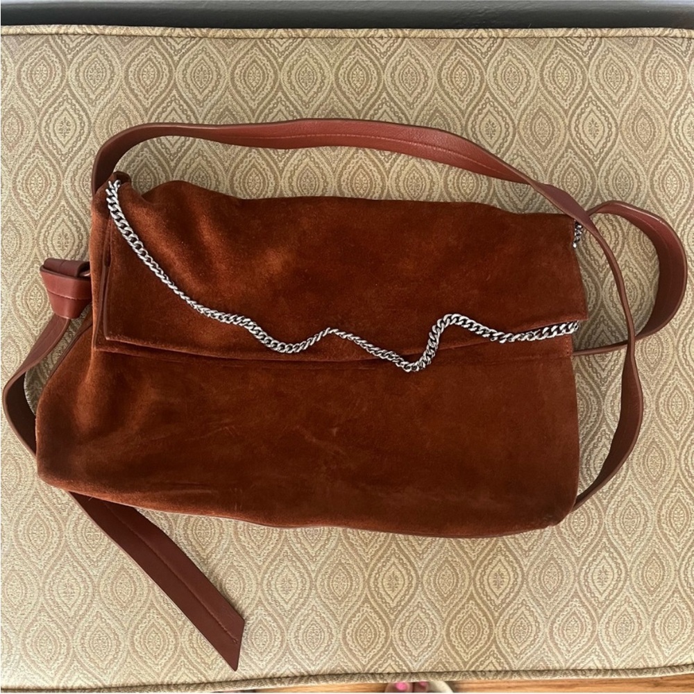 Women’s AllSaints Brown Suede Shoulder Bag w Silver Chain